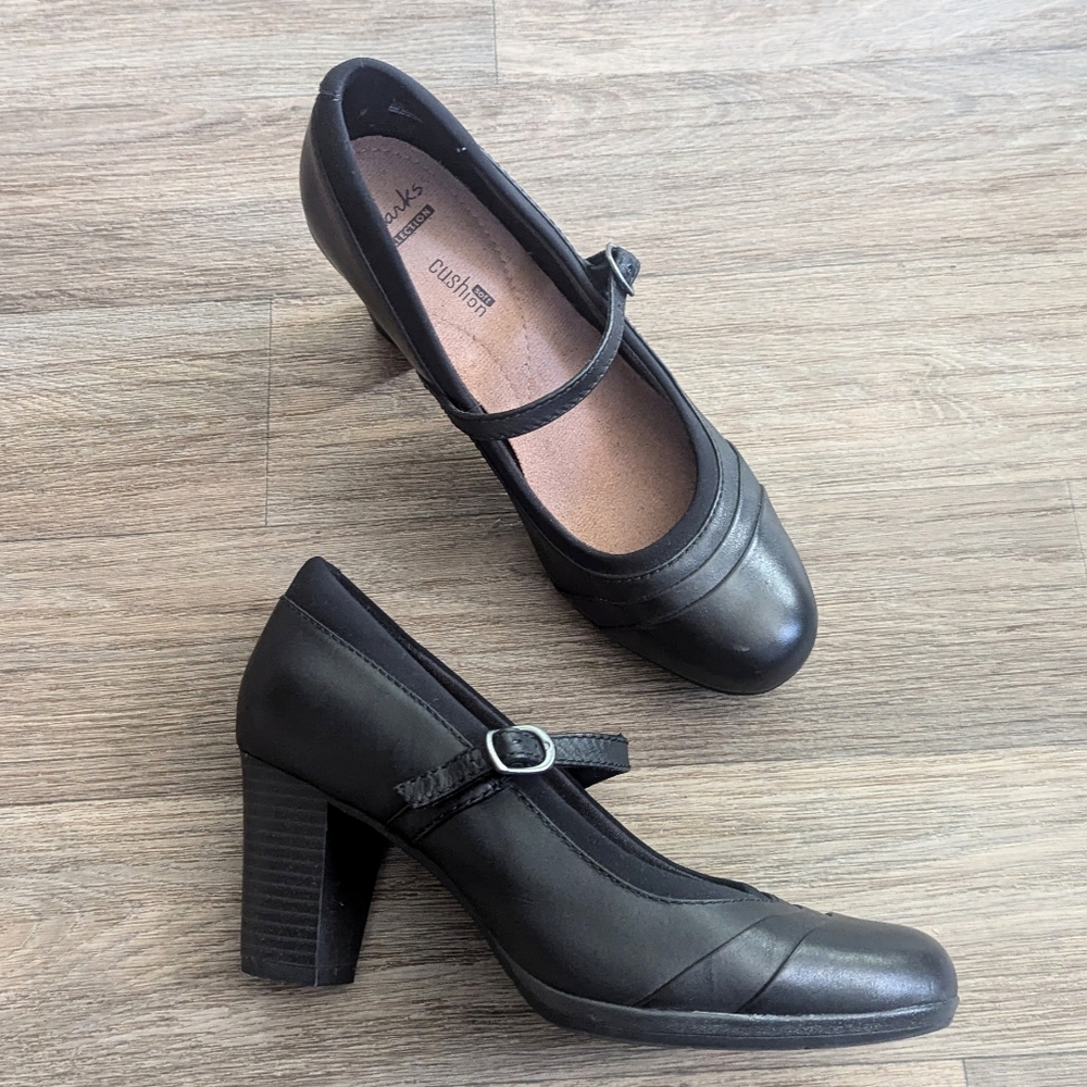 Clarks Collection Cushion Black Leather Mary Jane Heels Women Size 7